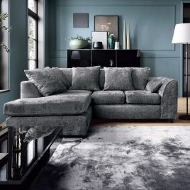 Corner Sofa - HENRY Crushed Chenille Fabric 4 Seater L-Shaped Sofa Left Hand Facing - Dark Grey
