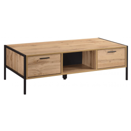 Wenatchee Rectangular Coffee Table Oak Effect with Black Metal Frame and 2 Drawers - Natural