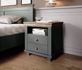 Portugal 2 Drawers Bedside Table with Open Shelf - Green with Oak Lefkas