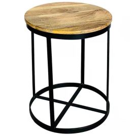 Tracey Industrial Iron 41cm Round Mango Top Lamp Table - Light Wood Tone