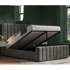 Stylish Wings Design Headboard Kilworth Medium Grey Velvet Ottoman Bed - Double