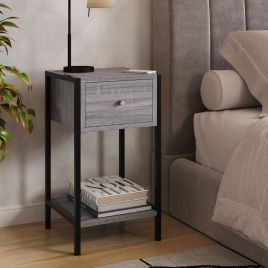 ASHBOURNE Small Narrow Wood Bedside Table 1 Drawer - Grey Oak Effect