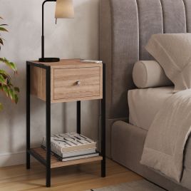 ASHBOURNE Small Narrow Wood Bedside Table 1 Drawer - Oak Effect