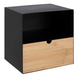 Bedside Table - JOLIET 1 Drawer Wall Mounted Nightstand Black and Bamboo 30cm