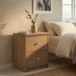 VALMONT Small Narrow Solid Wood Bedside Table 2 Drawers - Smoke Oak Effect