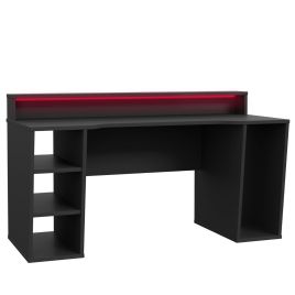 Modern Design Gaming Desk with LED, 3 Shelves, Tower PC Storage - Matt Black