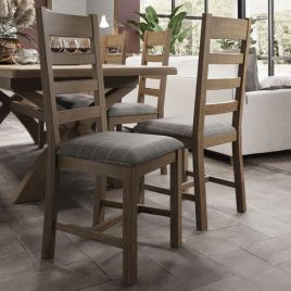 LOTARO Fabric Slatted Smoked Oak Dining Chair Set of 2 - Grey Check