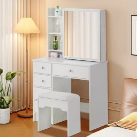 Dressing Table 5 Drawers with LED Lights Sliding Mirror and Stool - White