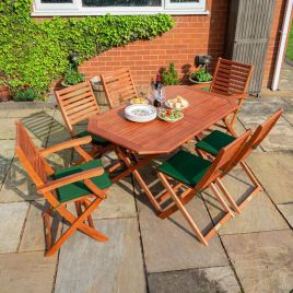 Plumley Outdoor Stained Finish Foldable Six Seater Dining Table Set with Green Cushions
