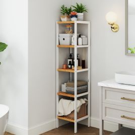 Bathroom Shelf - MARDA Bamboo 5 Tier Freestanding Narrow Storage - White Beige