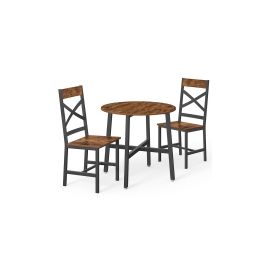 Dining Set - ORARO Round Table with 2 Chairs Kitchen Seating - Brown