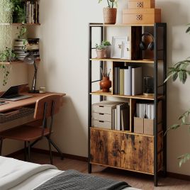 Bookshelf - VERRA Large Bookcase with Doors 4 Shelves Rustic Brown Black