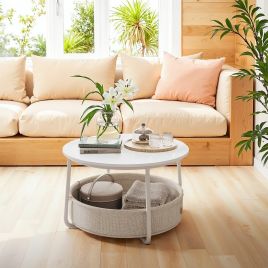 Coffee Table - VERRA Round Center Table with Fabric Basket Modern Style - White