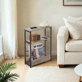 Side Table - VERRA Charging Station 3 Tier Narrow End Table with Magazine Rack - Light Grey