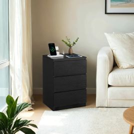 Bedside Tables - VERRA Set of 2 with Charging Station 3 Drawer - Black