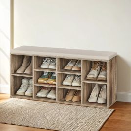 VERRA Shoe Bench - 10 Compartment Cushion Seat Medium Sized Bench - Camel Brown