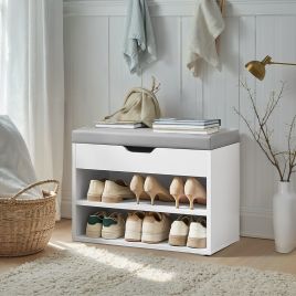 VERRA Shoe Bench - 3 Compartment Lid Storage Cushion Small Sized Bench - Cloud White