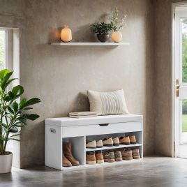 VERRA Shoe Bench - 3 Compartment Lid Storage Cushion Medium Sized Bench - White