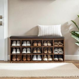 VERRA Shoe Bench - 15 Compartment Cushion Seat Medium Sized Bench - Brown