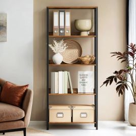 Bookcase - VERRA 5 Tier Shelving Unit with Back Panels Industrial Style - Brown