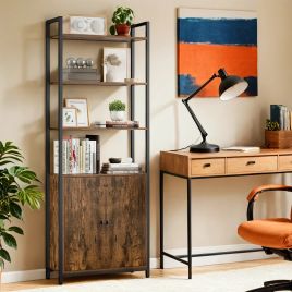 Bookshelf - VERRA Tall 6 Tier with Door Metal Frame - Camel Brown