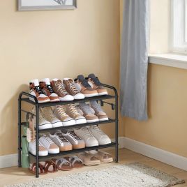 VERRA Shoe Rack - 3 Tier 4 Hooks Fabric Storage Medium Sized Rack - Black