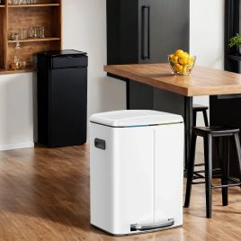 Kitchen Bin - VERRA 40L Double Rubbish Bin with Soft-Close Lid and Plastic Bucket - White