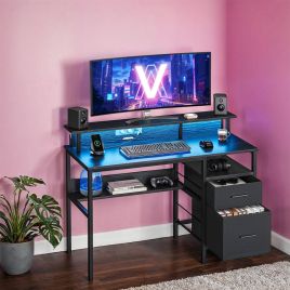Gaming Desk - VERRA Corner Desk with LED Lights, Power Outlets, Monitor Shelf, Fabric Drawer - Black