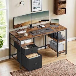 Office Desk - VERRA Computer Desk with 3 Shelves and 2 Drawers - Black Brown