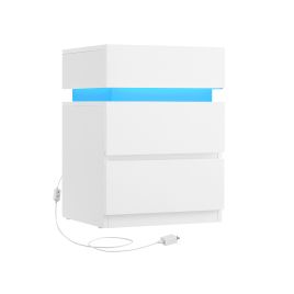 Bedside Table - VERVAS LED Lights 3 Drawer Storage - White