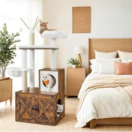 Cat Tree - MARRAE Hidden Litter Box Furniture Scratching Posts Pompom Stick - Rustic Brown