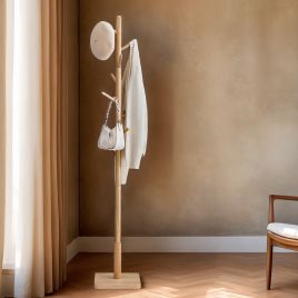 Coat Rack - ZARNIA Solid Wood Free Standing Hall Tree with 8 Hooks - Natural Beige