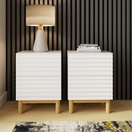 KARVO Set of 2 Bedside Table with Ribbed Front Design - White