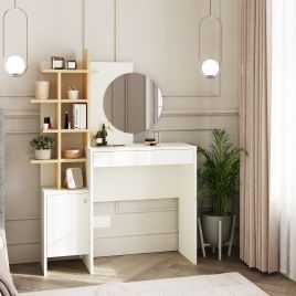 Elysian Haven Five Tier Open Shelf Dressing Table with Round Mirror - White and Oak