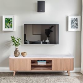 ASHMERE Natural Marble and Wood Large TV Cabinet - Oak Finish