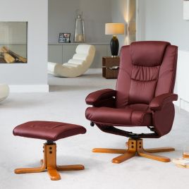 Armchair - REVOLUX Leather Swivel Recliner Chair with Stool and Heated Massager - Burgundy