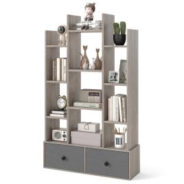 XAVIX 12-Tier Wooden Bookshelf with Folding Drawer for Study Living Room-Grey