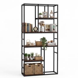 180CM Tall Bookshelf with Open Display Shelf and Metal Frame-Rustic Brown