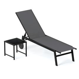 ULOR 2-Piece Patio Chaise Lounge Set with Tempered Glass Table and Wheels-Grey