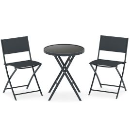 3 Piece Folding Bistro Set Patio Dining Furniture with Breathable Fabric Seat