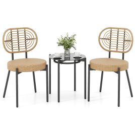3-Piece PE Rattan Bistro Set with Glass Table & Chairs-Brown