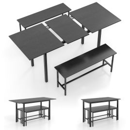 Dining Table Set - 3-Piece 160cm Dining Table Set for 4-6 with 2 Benches-Black