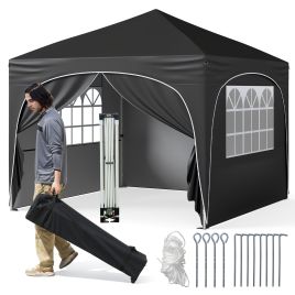 300 x 300cm Pop up Canopy Tent with 4 Removable Sidewall and Wheeled Bag-Black