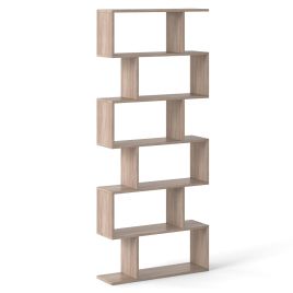 WZEN 6-tier S-shaped Wooden Industrial Bookshelf-Grey