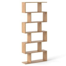 WZEN 6-tier S-shaped Wooden Industrial Bookshelf-Natural