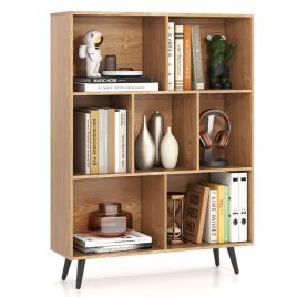 EMBERHOLLOW 7-Cube Bookcase Mid Century Modern Storage Organizer with 4 Tapered Metal Legs-Natural