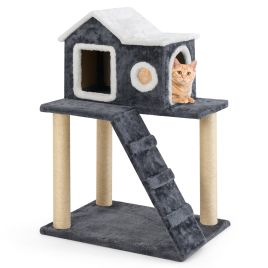 90cm Modern Cat Tree 3-level Cat Condo Furniture with Openable Roof-Gray