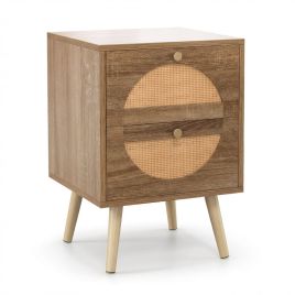 Bohemian Style Rattan Bedside Table End Side Table with 2 Drawers-Oak