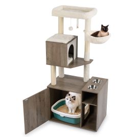 URIX Cat Litter Box Enclosure with Sisal Scratching Post and Mat-Grey