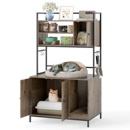 Cat Litter Box Enclosure with Shelves & Metal Frame-Grey
